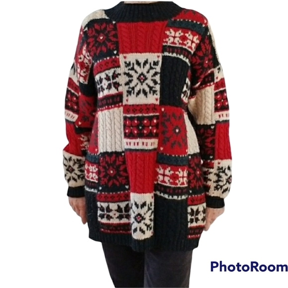 Vintage Sweaters - VTG Prides Landing Women WOOL Winter, Snowflake KNIT Patchwork Sweater